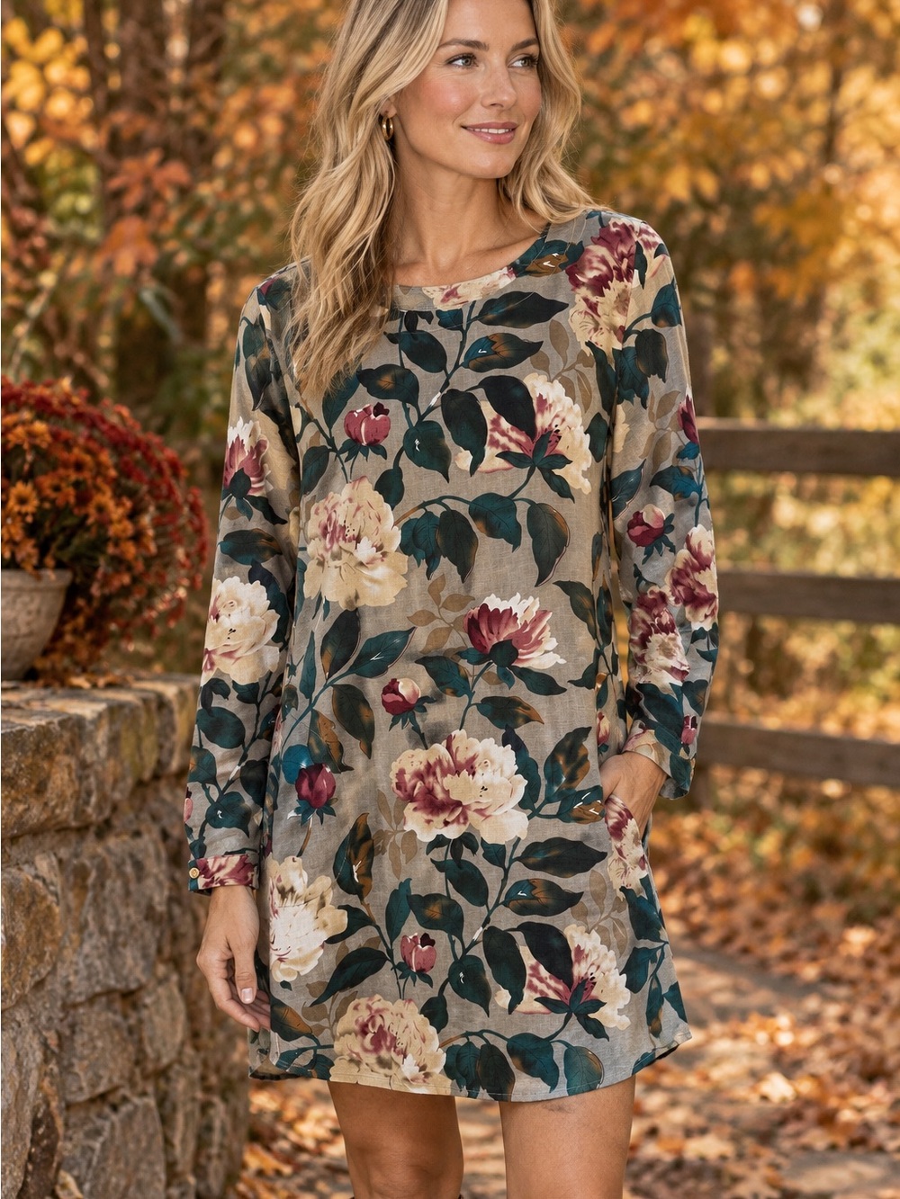 Cupshe Taupe Peony Floral Long-Sleeve Shift Dress with Teal and Burgundy Accents
